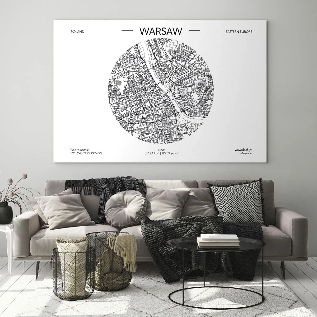 Glastavla - Bild på glas - Karta över Warszawa i form av en grafisk illustration - 70x50cm - Warszawas anatomi - Modern väggdekoration för vardagsrum och sovrum ARTTOR