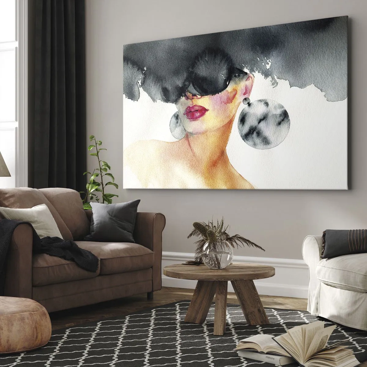 Canvastavla - Bild på duk - En kvinna som bär snygga glasögon och stora örhängen - 70x50cm - Elegansens hemlighet - Modern väggdekoration för vardagsrum och sovrum ARTTOR