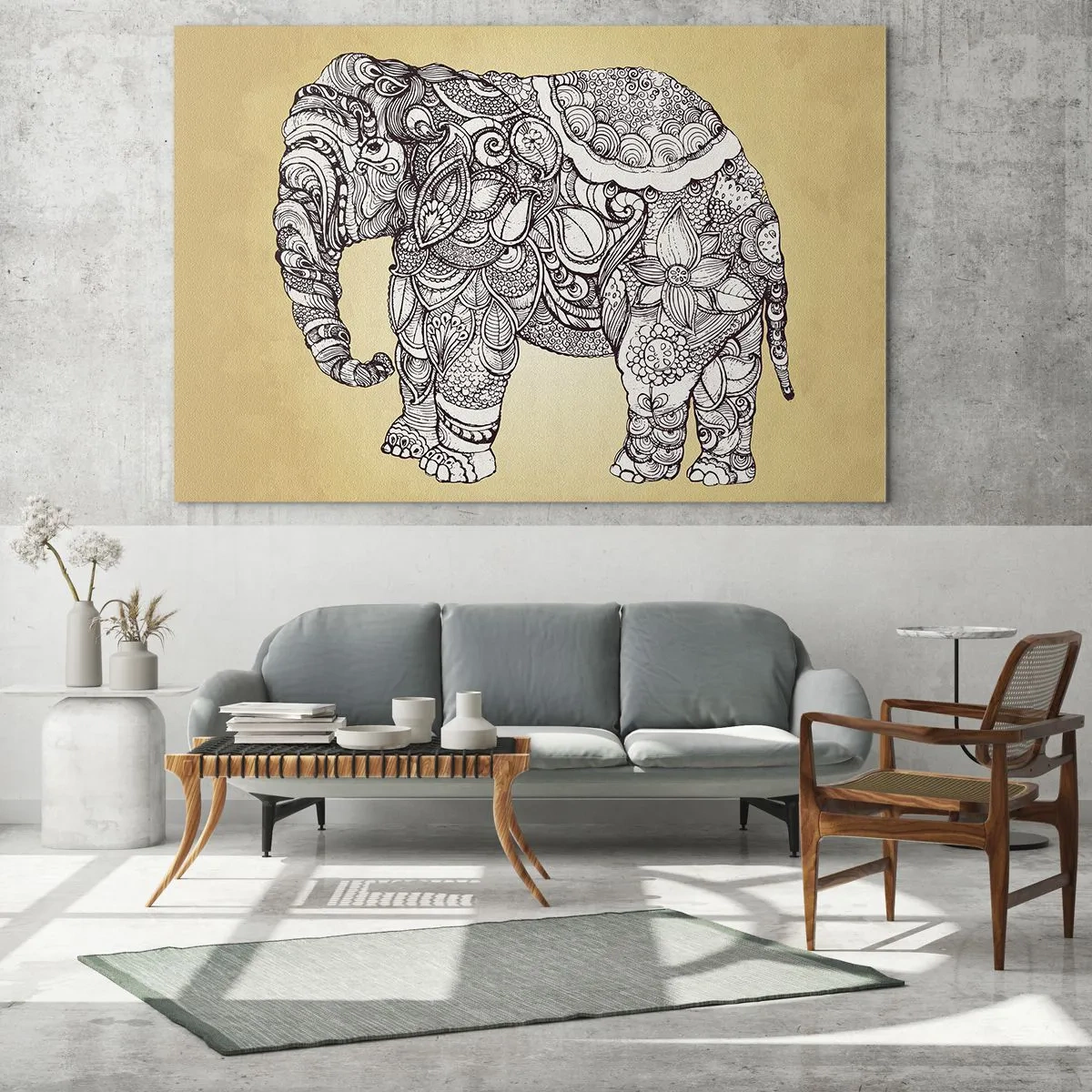 Glastavla - Bild på glas - Svartvit elefant med orientaliska mönster på beige bakgrund - 70x50cm - maskerad elefant - Modern väggdekoration för vardagsrum och sovrum ARTTOR
