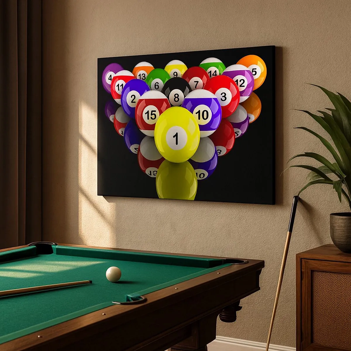 Canvastavla - Bild på duk - Färgglada biljardbollar arrangerade i en triangel på svart bakgrund - 70x50cm - Olika spelfärger - Modern väggdekoration för vardagsrum och sovrum ARTTOR