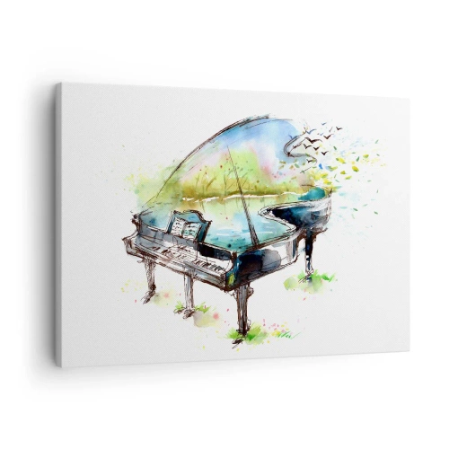 Canvastavla - Bild på duk - Konstnärlig akvarellmålning av ett piano med naturen i bakgrunden - 70x50cm - Förtrollad i musiken - Modern väggdekoration för vardagsrum och sovrum ARTTOR