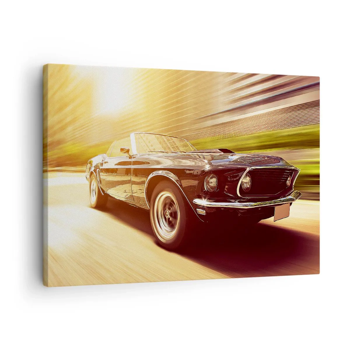 Canvastavla - Bild på duk - En klassisk bil i rörelse mot en urban bakgrund - 70x50cm - 1967 - legendaren är tillbaka - Modern väggdekoration för vardagsrum och sovrum ARTTOR