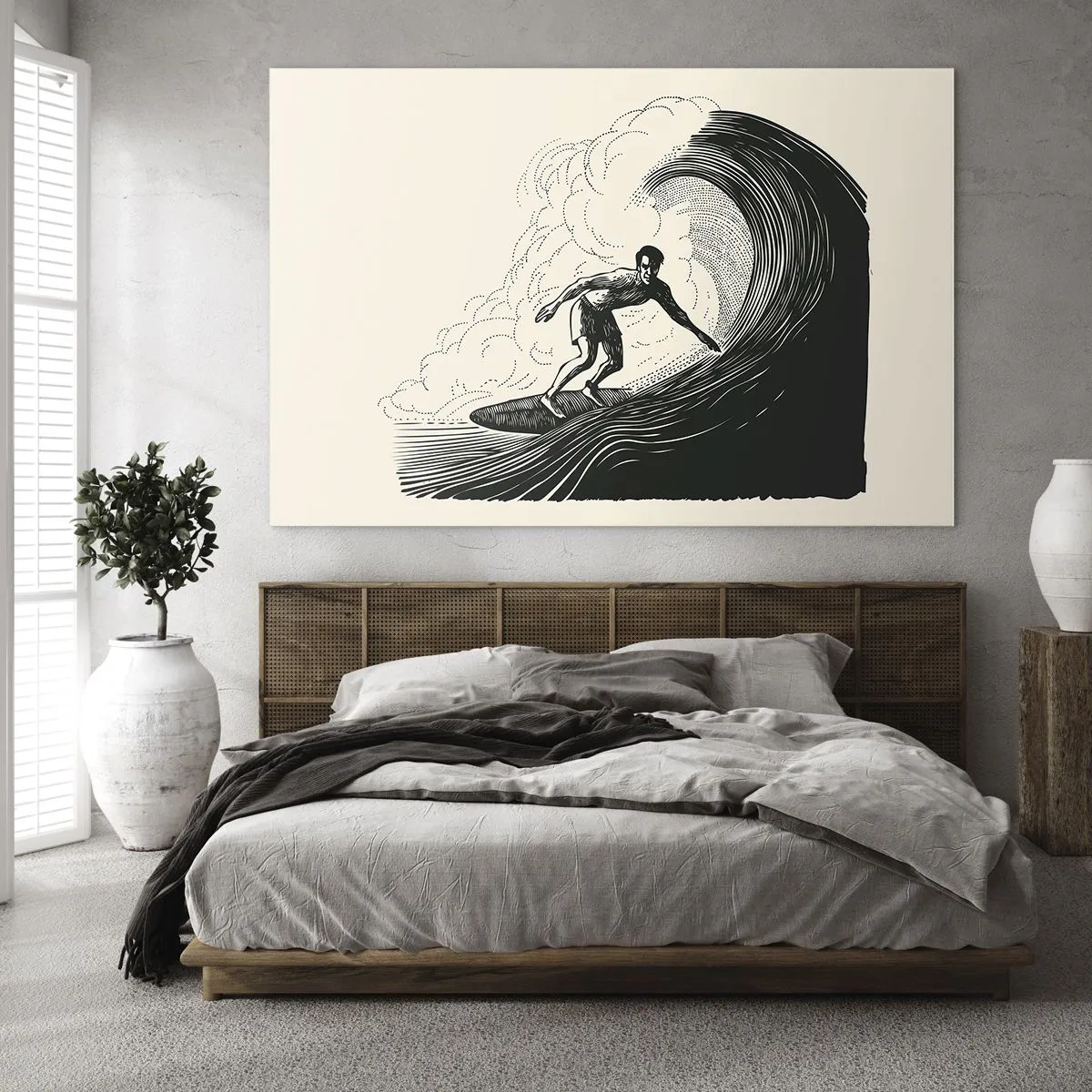 Glastavla - Bild på glas - Surfare som rider på en hög våg i retrostil - 70x50cm - Vågens kung - Modern väggdekoration för vardagsrum och sovrum ARTTOR