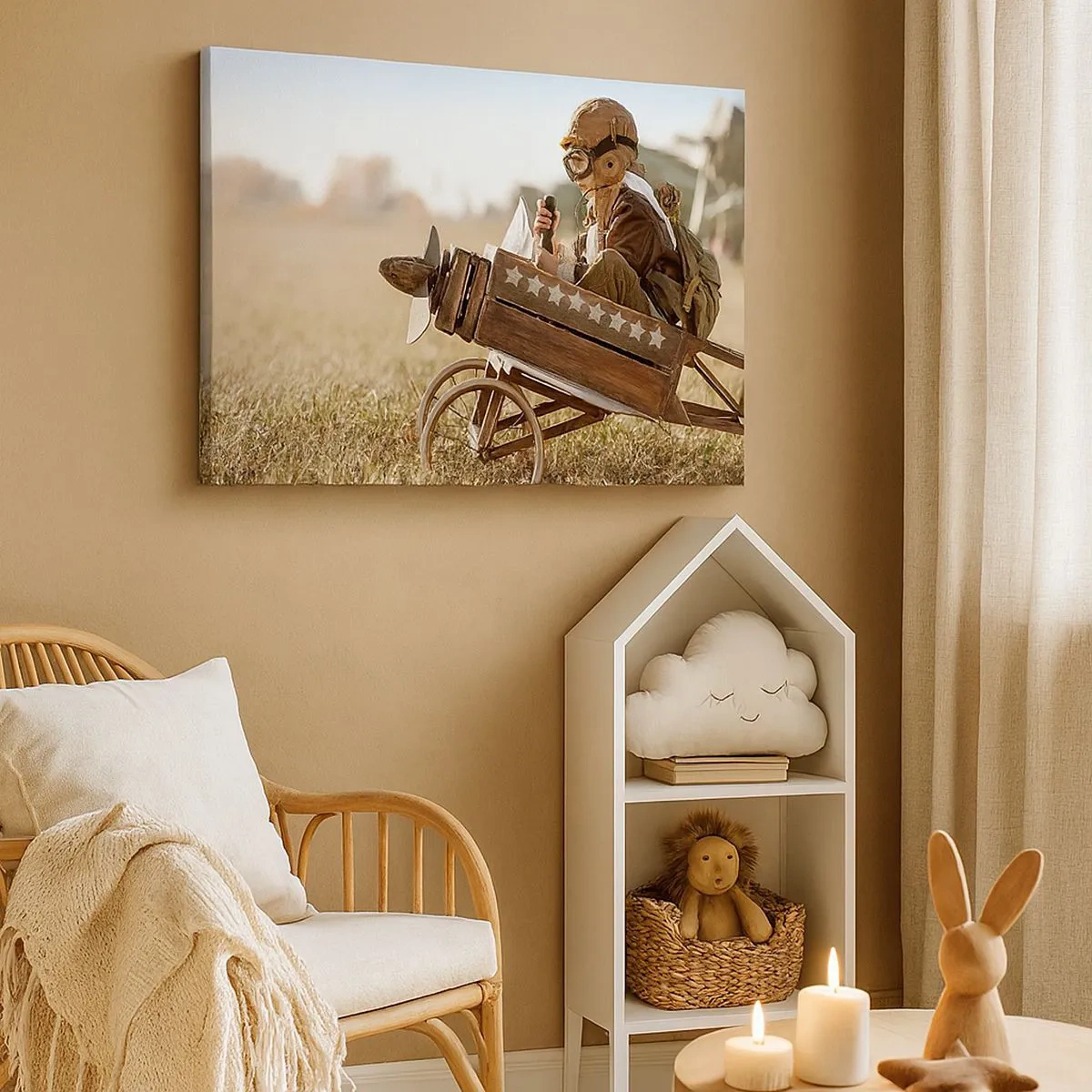 Canvastavla - Bild på duk - Ett barn i ett leksaksflygplan med ett fält i bakgrunden - 70x50cm - Stort mot drömmarna - Modern väggdekoration för vardagsrum och sovrum ARTTOR