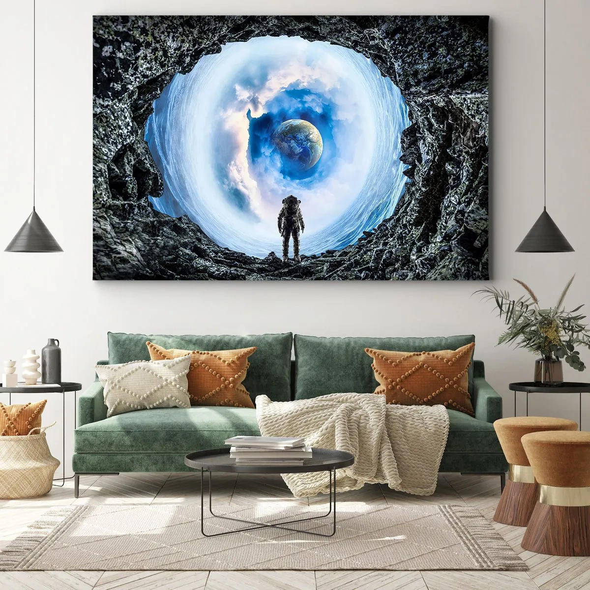 Canvastavla - Bild på duk - Astronaut mot ett rymdlandskap med jorden i bakgrunden - 70x50cm - Det är inte långt kvar hem - Modern väggdekoration för vardagsrum och sovrum ARTTOR