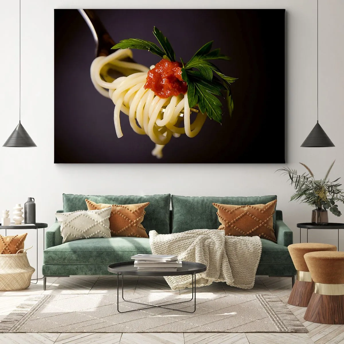 Canvastavla - Bild på duk - Spaghetti på en gaffel med tomatsås och persilja - 70x50cm - Gobit - Modern väggdekoration för vardagsrum och sovrum ARTTOR