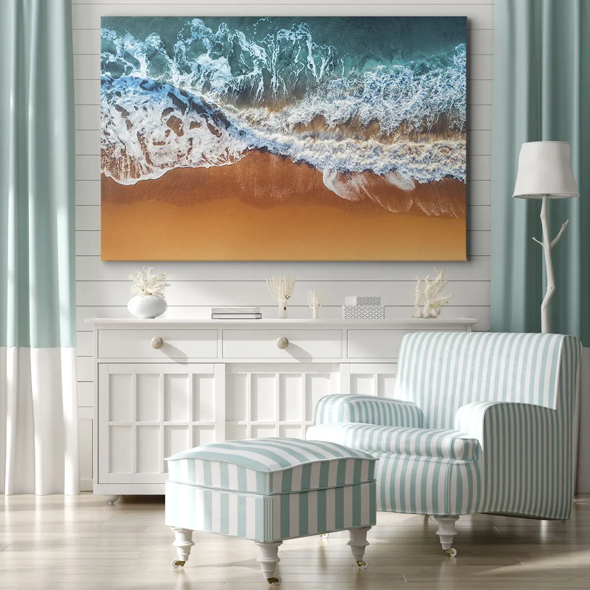 Canvastavla - Bild på duk - Flygfoto över havsvågor som slår mot stranden - 70x50cm - Alltid i par - Modern väggdekoration för vardagsrum och sovrum ARTTOR