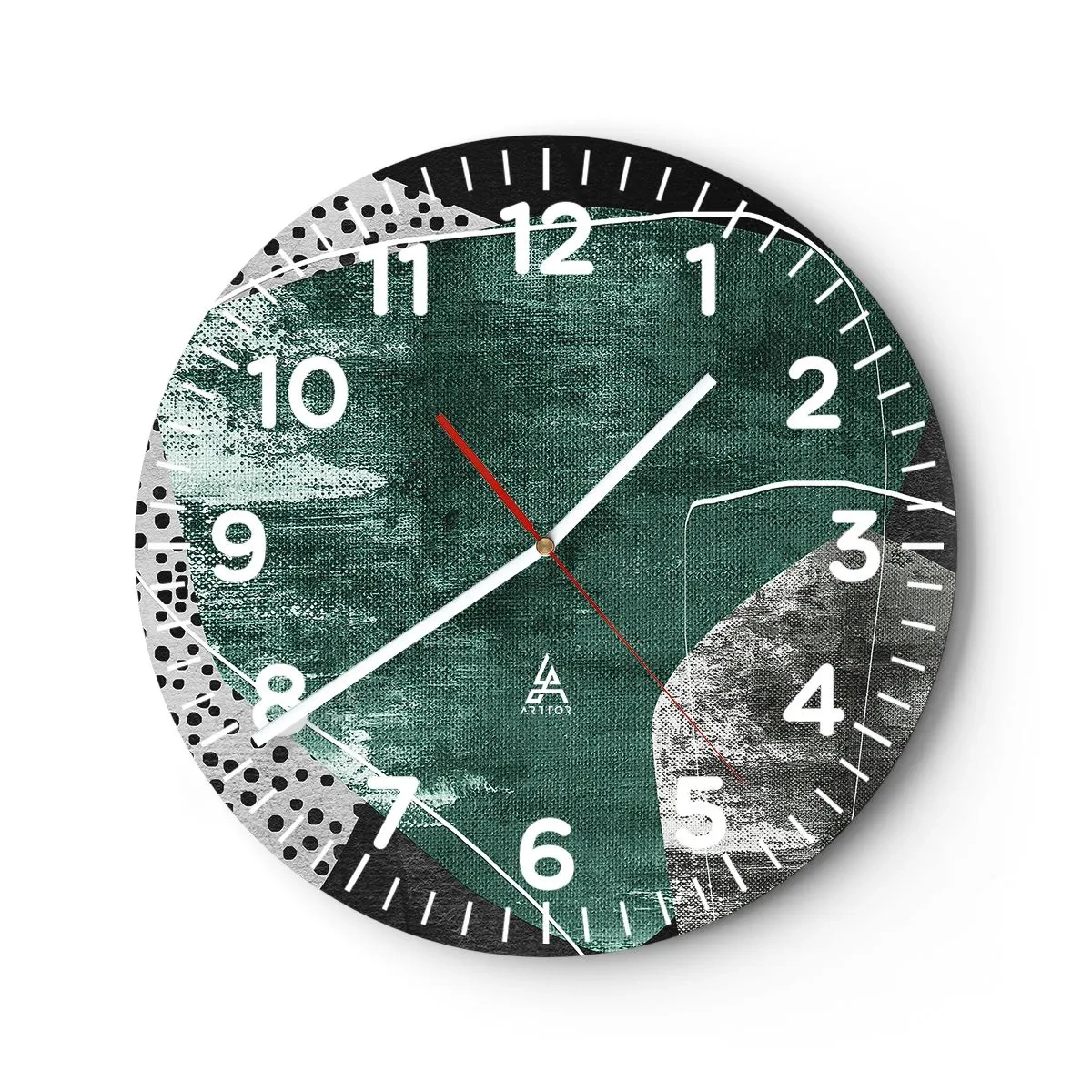 Väggklocka - Klocka på glas - Färgstark abstraktion med en guldflinga - 30x30 cm