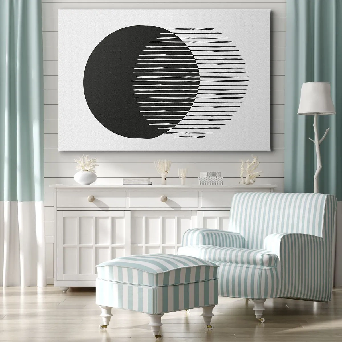 Canvastavla - Bild på duk - Två överlappande cirklar med svarta och vita linjer - 70x50cm - Hans alter ego - Modern väggdekoration för vardagsrum och sovrum ARTTOR