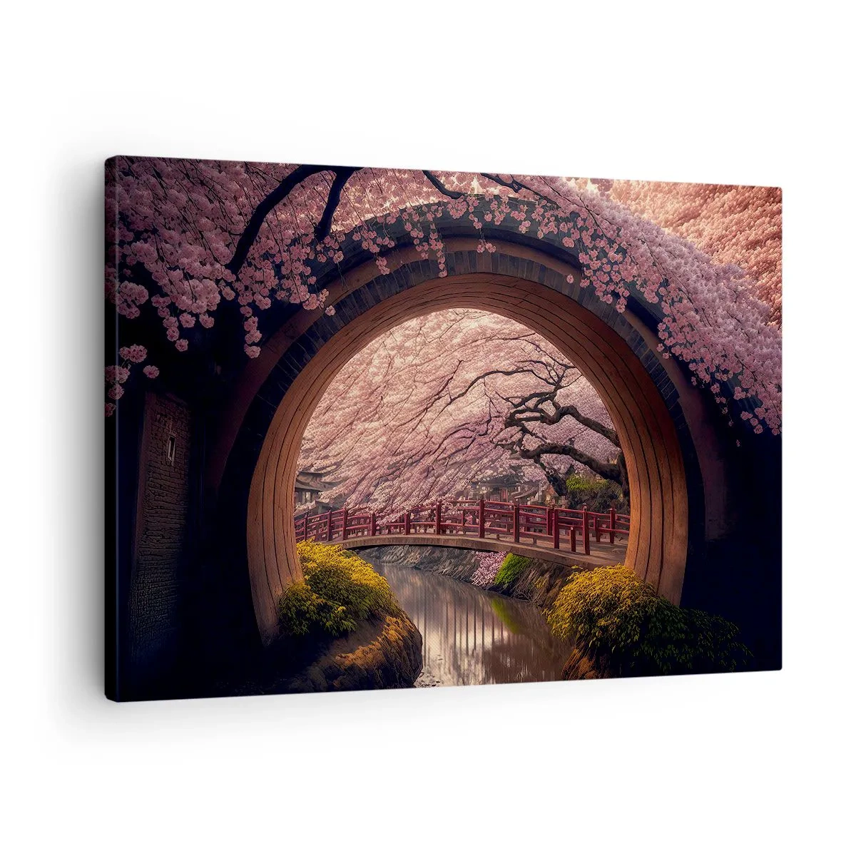 Canvastavla - Bild på duk - En traditionell japansk bro omgiven av körsbärsblommor - 70x50cm - Japansk vår - Modern väggdekoration för vardagsrum och sovrum ARTTOR