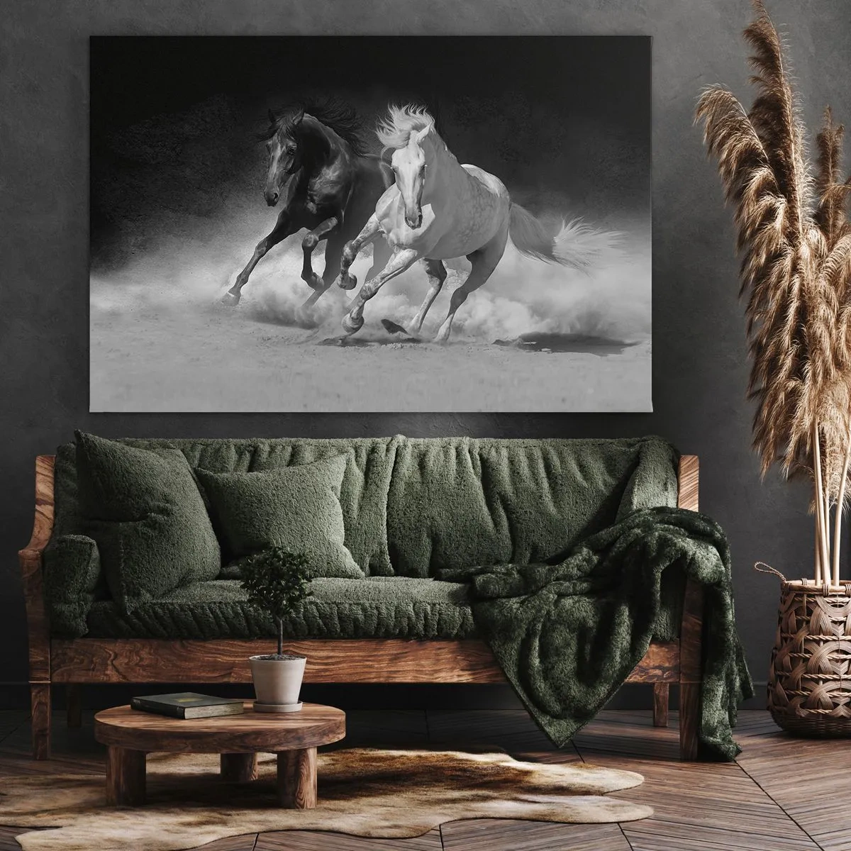 Canvastavla - Bild på duk - Springande hästar i svart och vitt - 70x50cm - Frihetens galopp - Modern väggdekoration för vardagsrum och sovrum ARTTOR