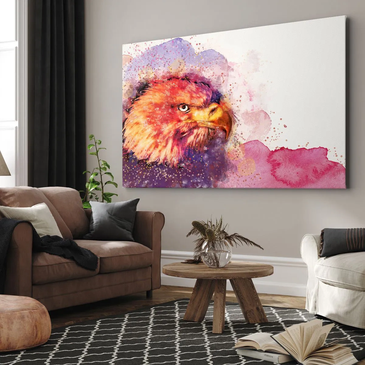 Canvastavla - Bild på duk - Porträtt av en örn i konstnärliga akvarellfärger - 70x50cm - Du vill inte vet vad jag tänker på - Modern väggdekoration för vardagsrum och sovrum ARTTOR