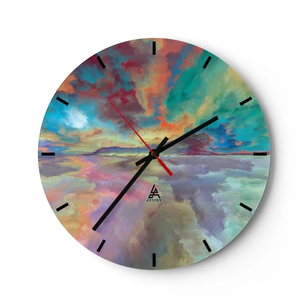 Väggklocka - Klocka på glas - En färgglad himmel full av abstrakta moln ovanför en lugn horisont - 30x30cm - Två himlar - Modern väggdekoration för vardagsrum, kök och sovrum ARTTOR