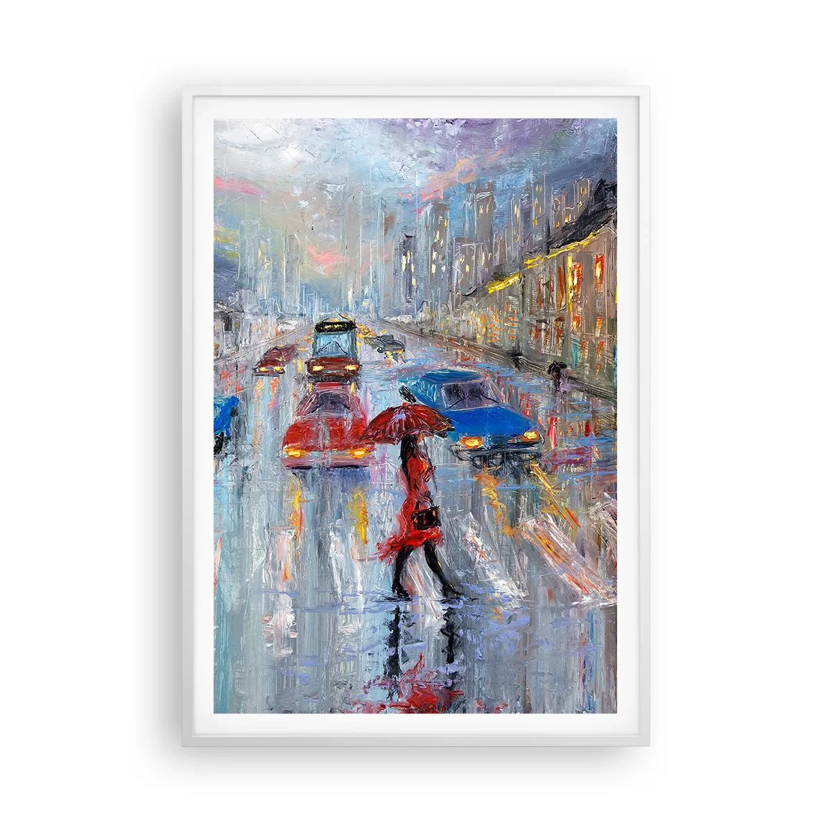 Affisch i vit ram - Regnig eftermiddag i staden - 70x100 cm