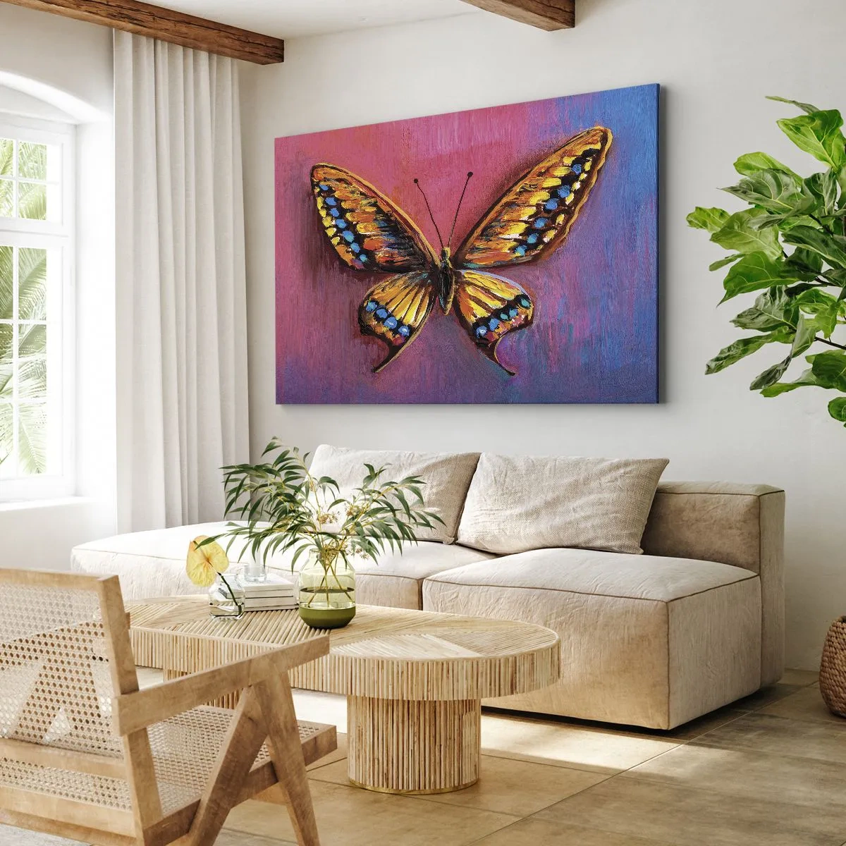 Canvastavla - Bild på duk - Färgglad fjäril på en abstrakt bakgrund - 70x50cm - Naturens klenoder - Modern väggdekoration för vardagsrum och sovrum ARTTOR