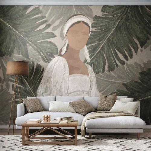 Fototapet Premium Sand - Exotiskt porträtt - Boho, Kvinna, Löv - 100x70 cm