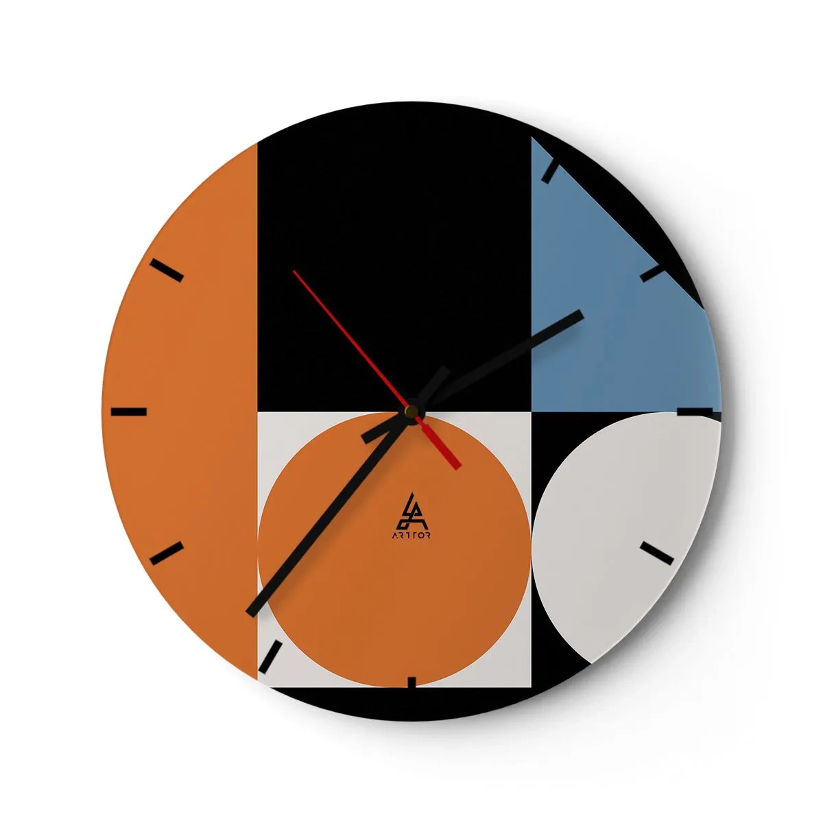 Väggklocka - Klocka på glas - Färgglad geometrisk komposition med cirklar och rektanglar - 30x30cm - Geometriska figurer - Modern väggdekoration för vardagsrum, kök och sovrum ARTTOR
