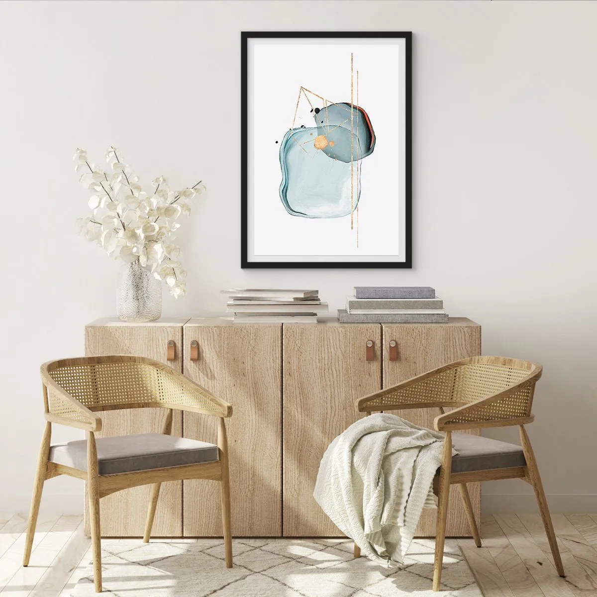 Affisch i svart ram - Abstrakt akvarellkomposition med ett geometriskt guldmönster - 50x70cm - En studie av droppar - Modern väggdekoration för vardagsrum och sovrum ARTTOR