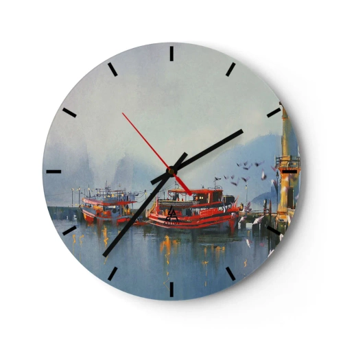 Väggklocka - Klocka på glas - En hamn med röda båtar på lugnt vatten på morgonen - 30x30cm - Världens ände - Modern väggdekoration för vardagsrum, kök och sovrum ARTTOR
