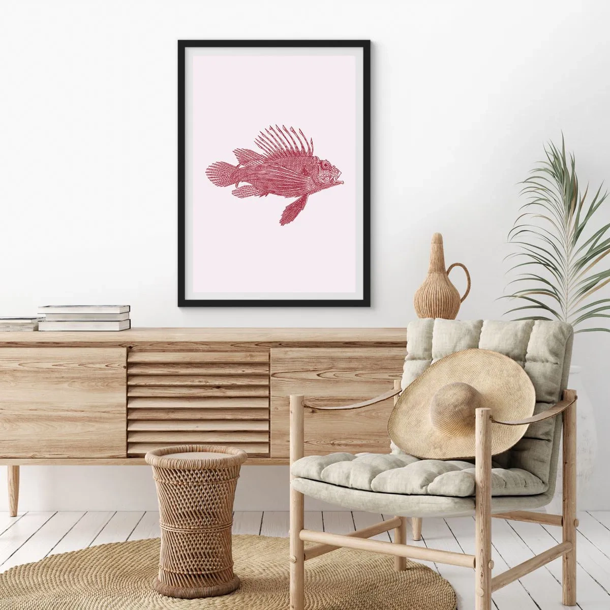 Affisch i svart ram - Fiskteckning i vintagestil på en ljus bakgrund - 50x70cm - En invånare i exotiska vatten - Modern väggdekoration för vardagsrum och sovrum ARTTOR