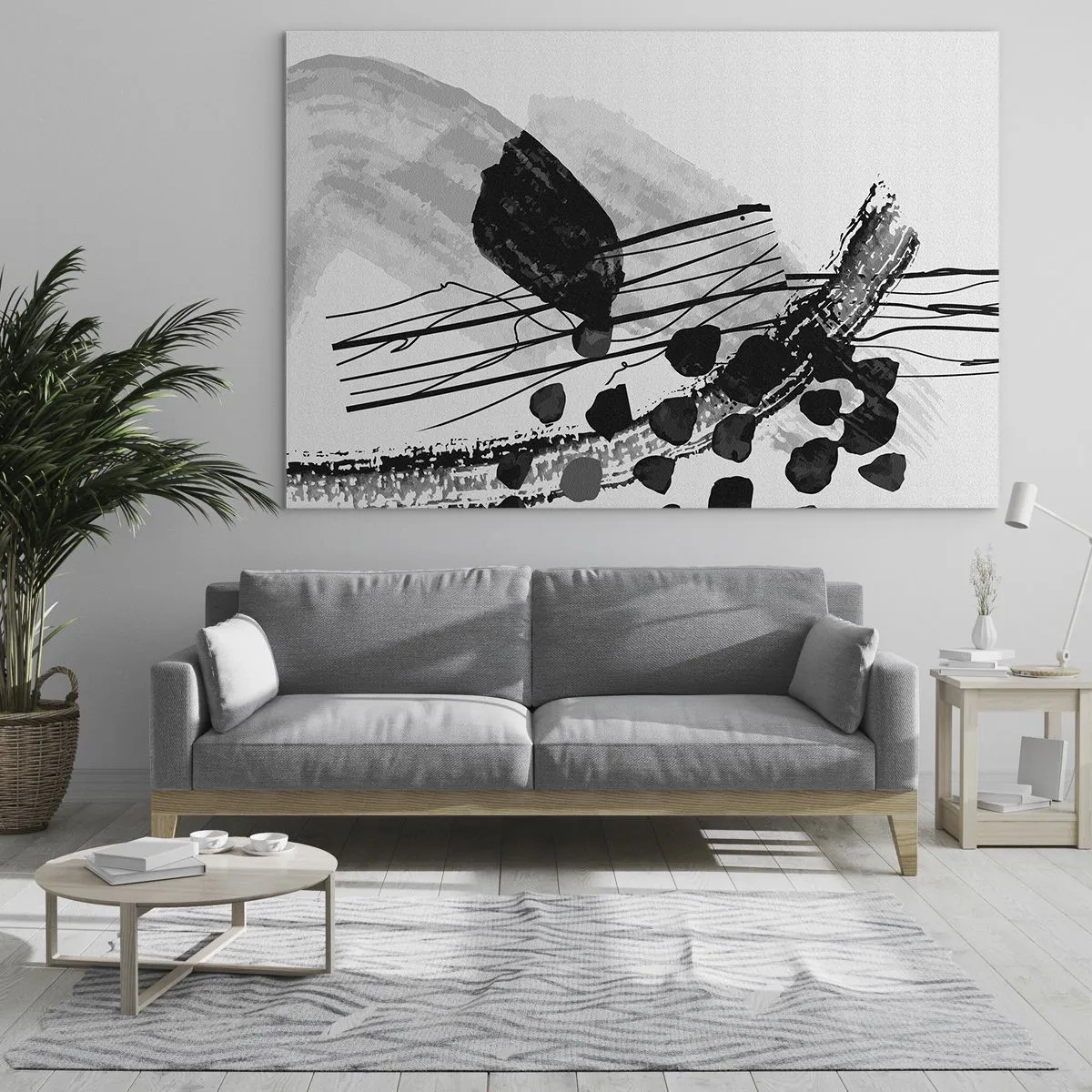 Glastavla - Bild på glas - Svartvit abstraktion med organiska former och linjer - 70x50cm - Svartvit organisk abstraktion - Modern väggdekoration för vardagsrum och sovrum ARTTOR