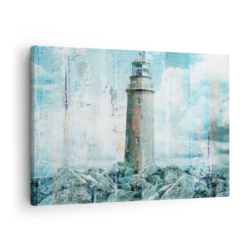 Canvastavla - Bild på duk - En fyr på en klippig kustlinje i pastellfärger - 70x50cm - På gammalt trä - Modern väggdekoration för vardagsrum och sovrum ARTTOR