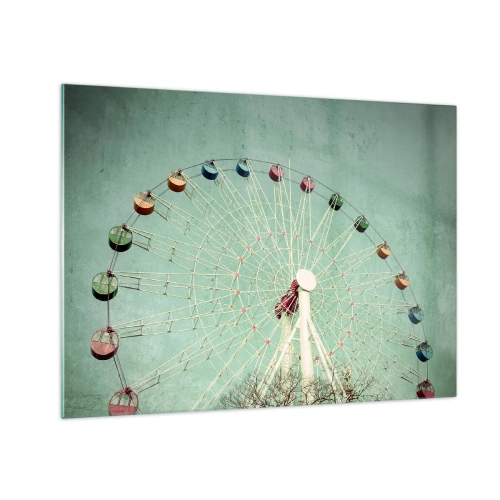 Glastavla - Bild på glas - Ett färgglatt pariserhjul mot en pastellgrön bakgrund - 70x50cm - Välkommen att ha kul - Modern väggdekoration för vardagsrum och sovrum ARTTOR