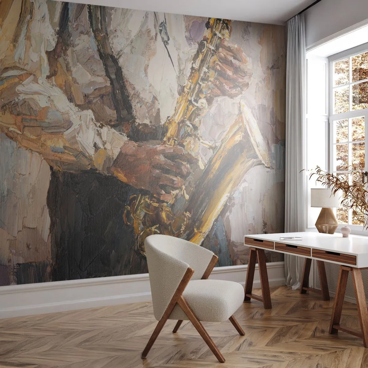 Självhäftande Fototapet Deluxe Sticker - Dags för solo - Saxofon, musik, Målning - 250x175 cm