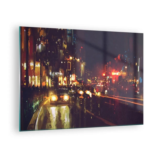 Glastavla - Bild på glas - Stadsnattlandskap med bilar och gatubelysning - 70x50cm - Doppad i nattljuset - Modern väggdekoration för vardagsrum och sovrum ARTTOR
