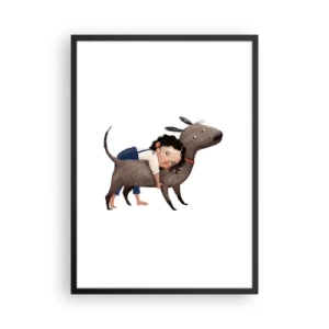 Affisch i svart ram - Illustration av ett barn som kramar en hund på vit bakgrund - 50x70cm - Bästa vänner - Modern väggdekoration för vardagsrum och sovrum ARTTOR