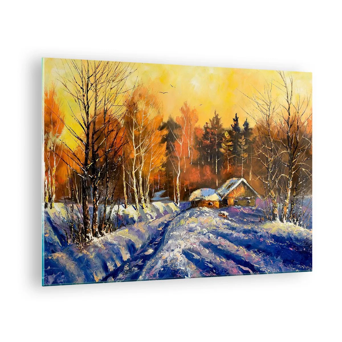 Glastavla - Bild på glas - Vinterlandskap med en trästuga vid solnedgången - 70x50cm - Vinterimpression i solen - Modern väggdekoration för vardagsrum och sovrum ARTTOR