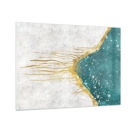 Glastavla - Bild på glas - Abstrakt guldmönster på turkos och vit bakgrund - 70x50cm - Gyllene tidvatten - Modern väggdekoration för vardagsrum och sovrum ARTTOR