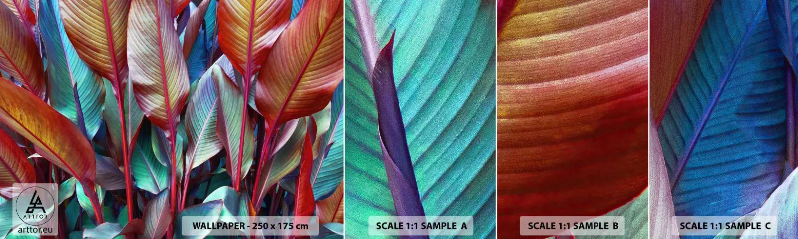 Provbit av självhäftande fototapet Deluxe Sticker - En färgglad tätskog - Löv, Botanik, Boho - 100x30 cm