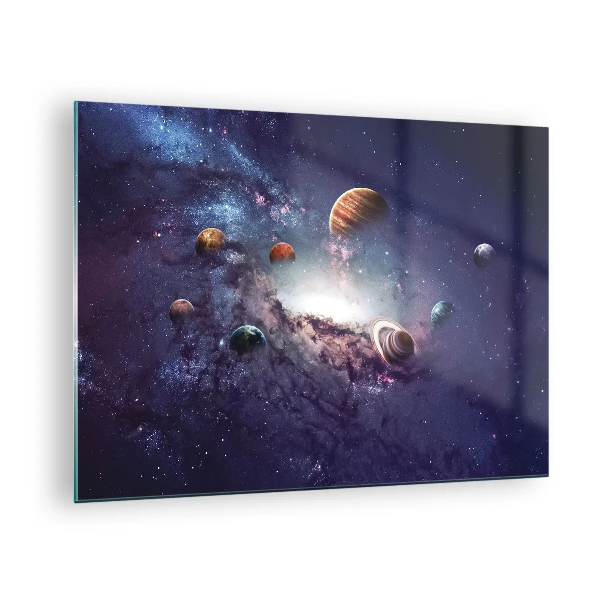 Glastavla - Bild på glas - En fantasifull vision av planeter som snurrar i rymden - 70x50cm - Sol- och danssystem - Modern väggdekoration för vardagsrum och sovrum ARTTOR