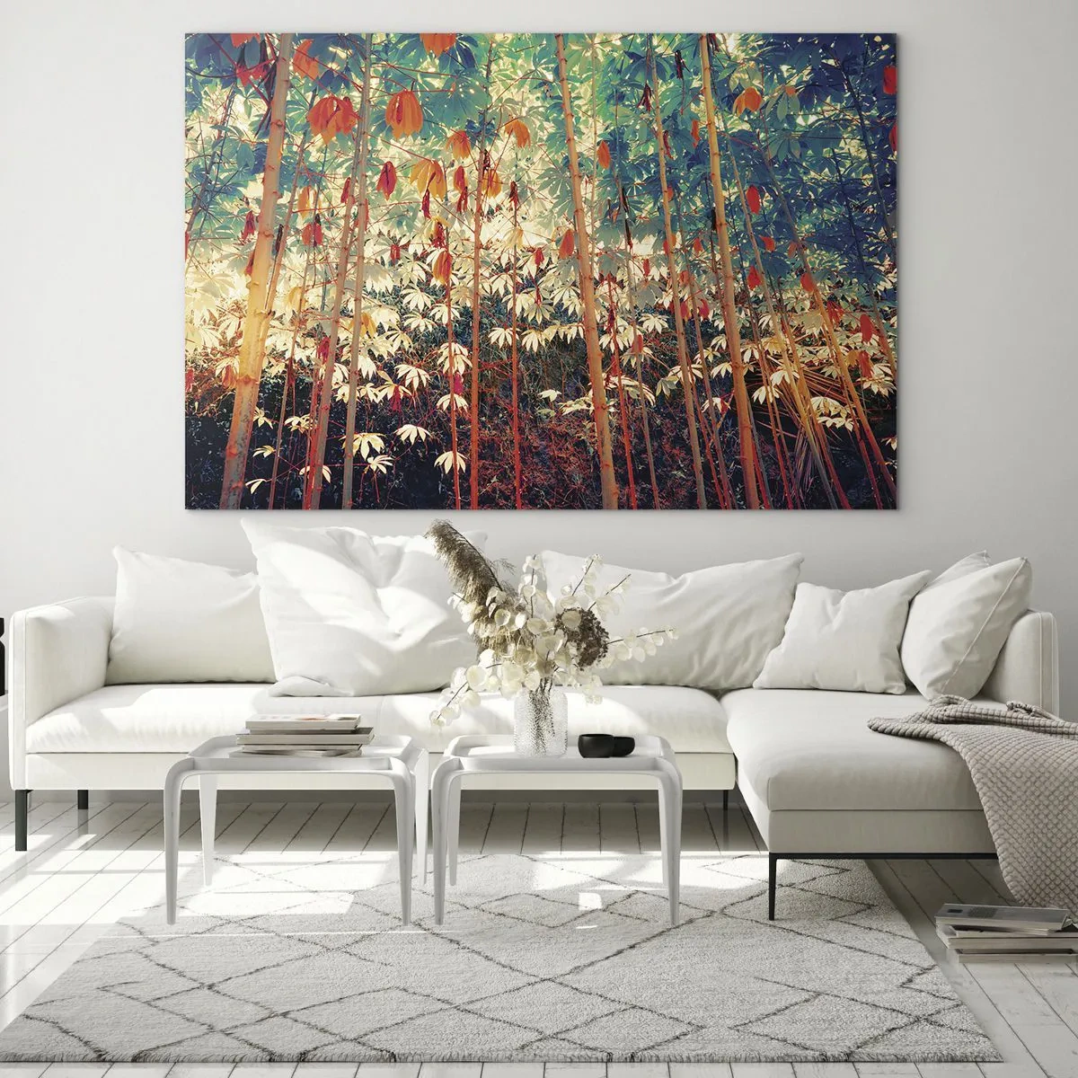 Glastavla - Bild på glas - Färgglad bambuskog med varmt ljus - 70x50cm - Lövbladens hemlighetsfulla liv - Modern väggdekoration för vardagsrum och sovrum ARTTOR