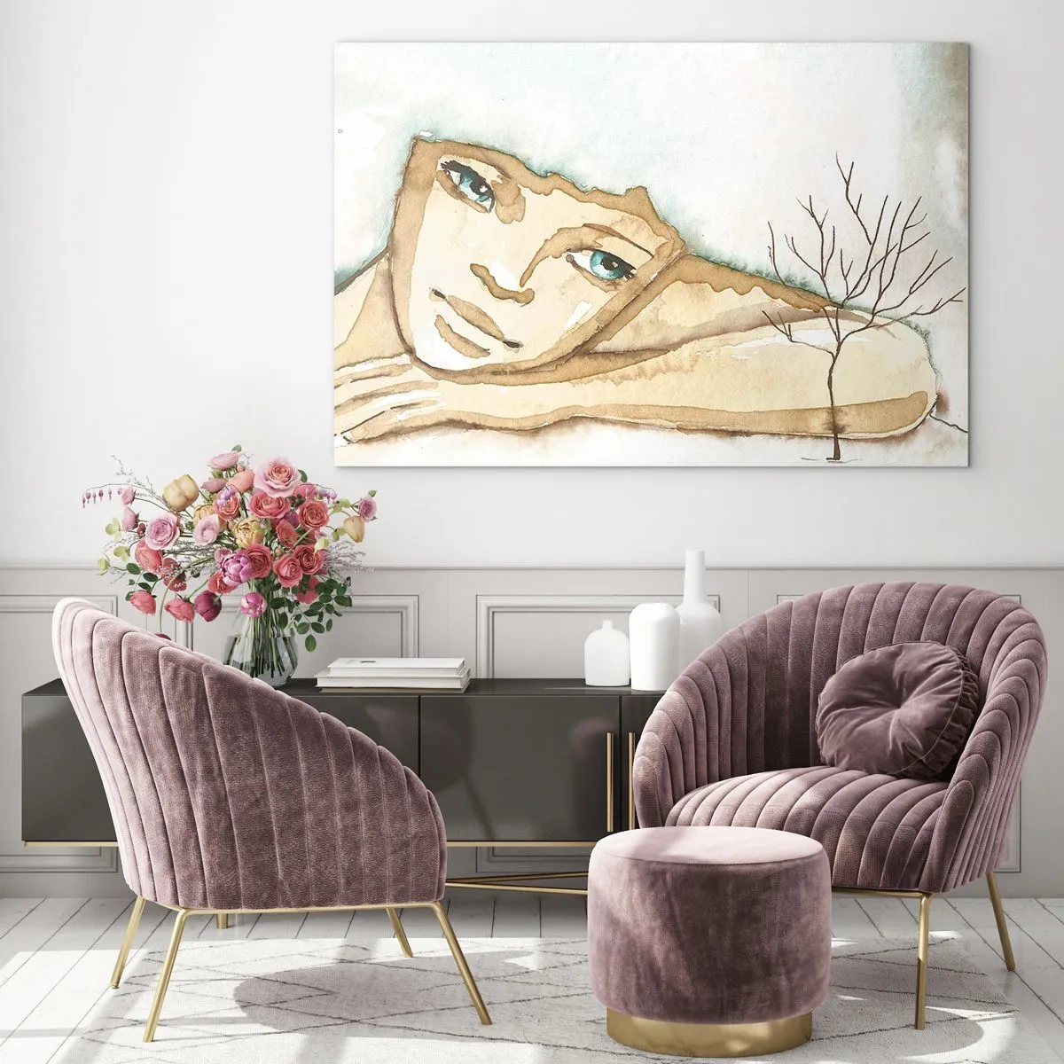 Glastavla - Bild på glas - En subtil figur av en kvinna med ett träd mot en bakgrund av akvarellfärger - 70x50cm - Poesiträdet växer ur tystnaden - Modern väggdekoration för vardagsrum och sovrum ARTTOR