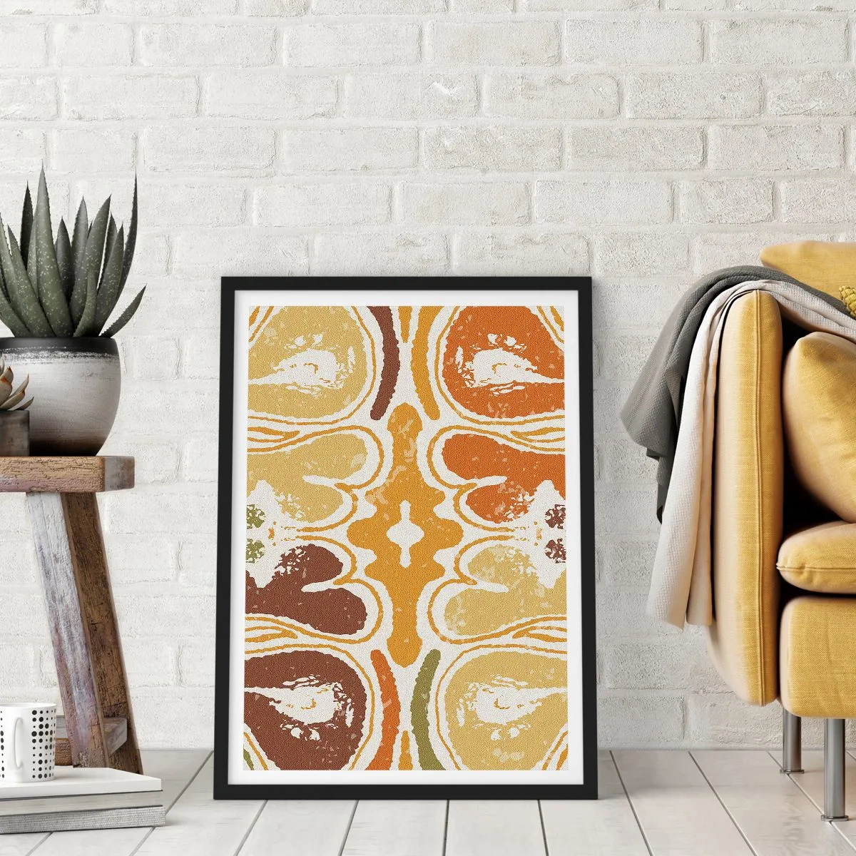 Affisch i svart ram - Symmetrisk abstraktion i varma jordnära toner - 50x70cm - Sentimental abstraktion - Modern väggdekoration för vardagsrum och sovrum ARTTOR