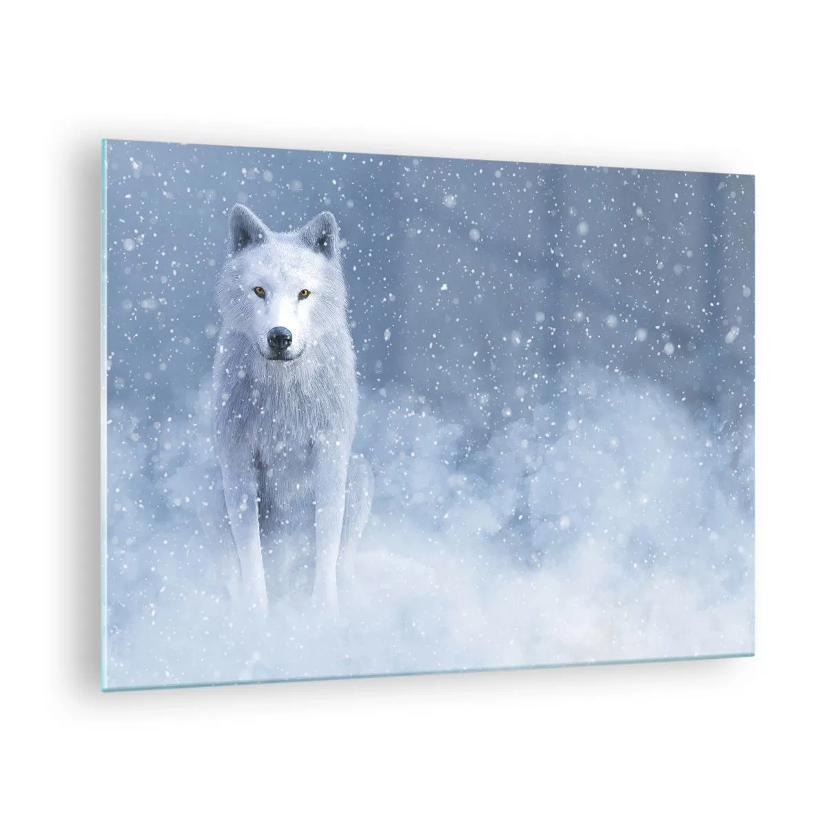 Glastavla - Bild på glas - En vit varg i en snöstorm som tittar rakt fram - 70x50cm - I vinter anda - Modern väggdekoration för vardagsrum och sovrum ARTTOR