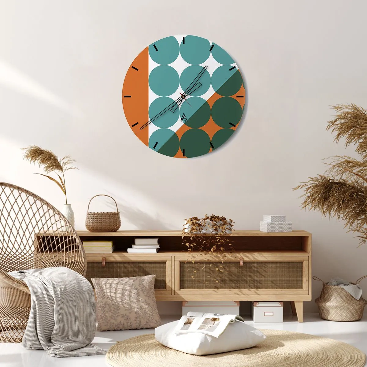Väggklocka - Klocka på glas - Geometriska cirklar i nyanser av grönt och orange - 30x30cm - Uppåt och på diagonalen - Modern väggdekoration för vardagsrum, kök och sovrum ARTTOR