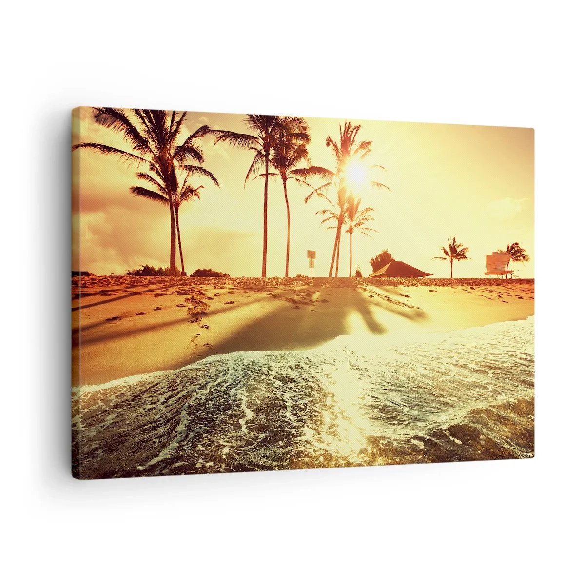 Canvastavla - Bild på duk - En strand med palmer upplysta av en varm solnedgång - 70x50cm - Kalifornisk morgon - Modern väggdekoration för vardagsrum och sovrum ARTTOR