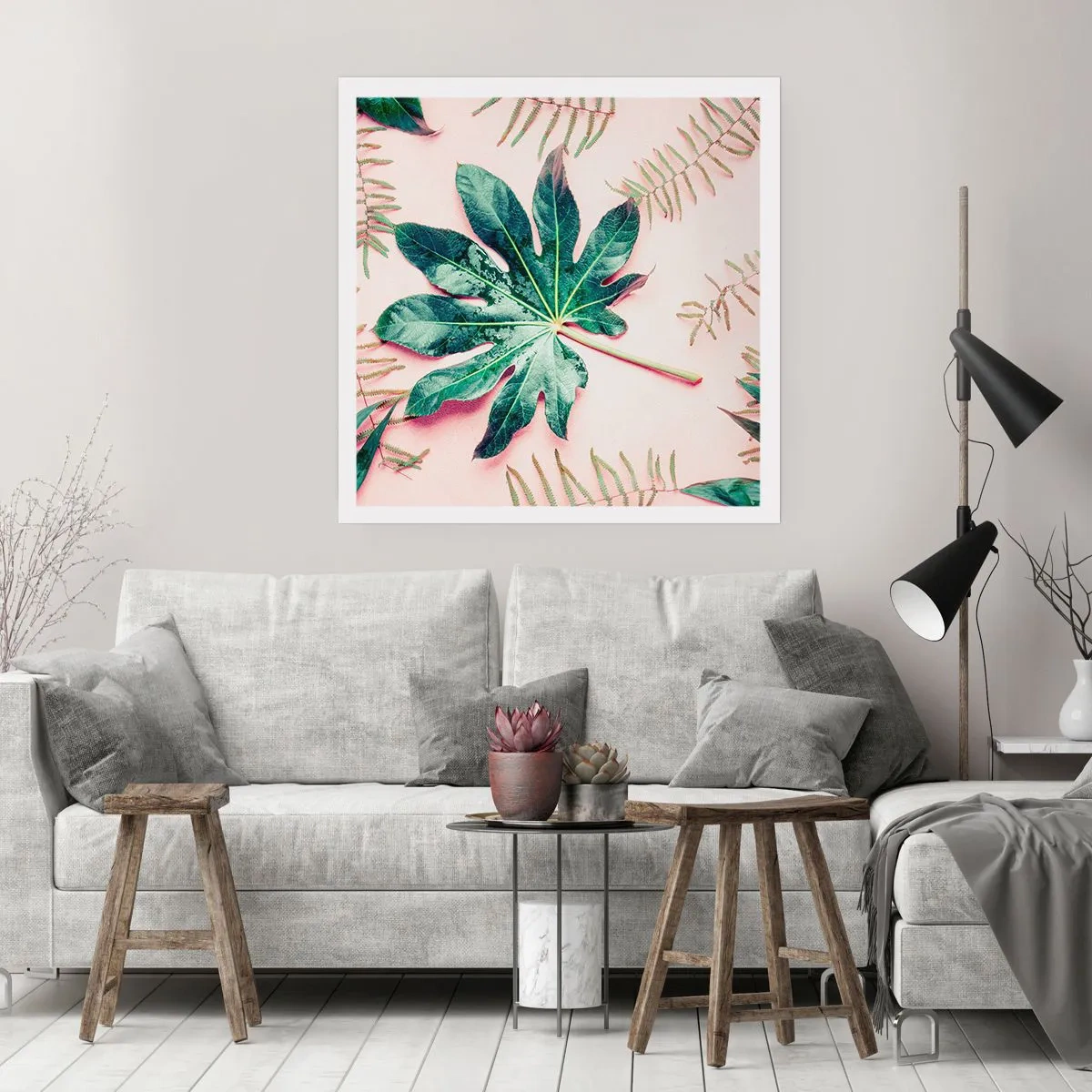 Affisch - Grönskans studie mot rosa bakgrund - 50x50 cm