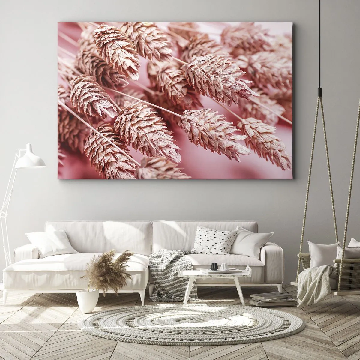Canvastavla - Bild på duk - Närbild på de rosafärgade öronen - 70x50cm - Blomkaskad i rosa - Modern väggdekoration för vardagsrum och sovrum ARTTOR