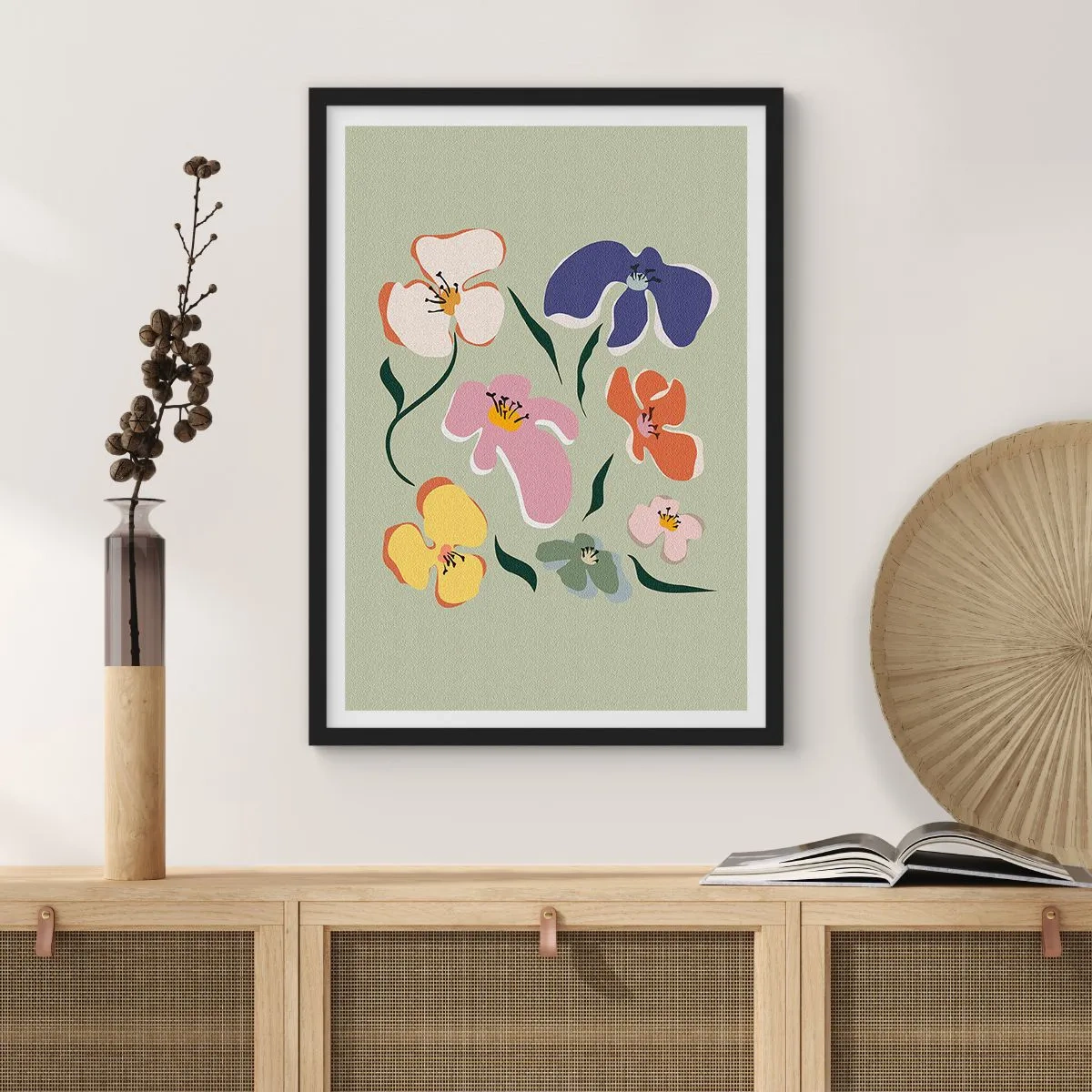 Affisch i svart ram - Färgglada blommor på en grön bakgrund i en konstnärlig stil - 50x70cm - Penséer  - Modern väggdekoration för vardagsrum och sovrum ARTTOR