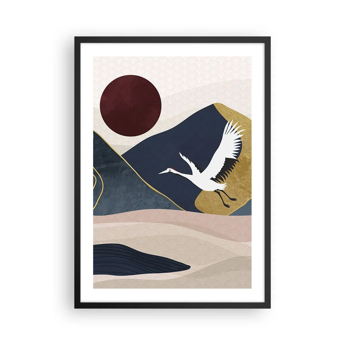 Affisch i svart ram - Minimalistisk grafik med en kran och ett bergslandskap - 50x70cm - Nästa dag FLUGIT iväg - Modern väggdekoration för vardagsrum och sovrum ARTTOR