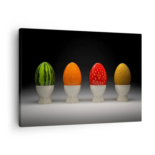 Canvastavla - Bild på duk - Färgglada ägg som liknar frukt på en mörk bakgrund - 70x50cm - Fruktfrukost - Modern väggdekoration för vardagsrum och sovrum ARTTOR