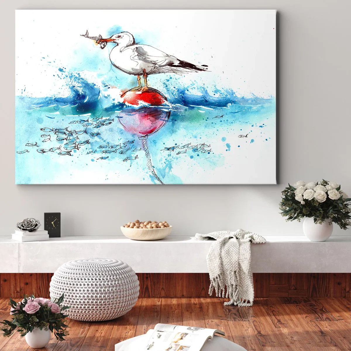 Canvastavla - Bild på duk - Mås på en boj med fisk i bakgrunden i akvarellstil - 70x50cm - Framgångsrik fångst - Modern väggdekoration för vardagsrum och sovrum ARTTOR