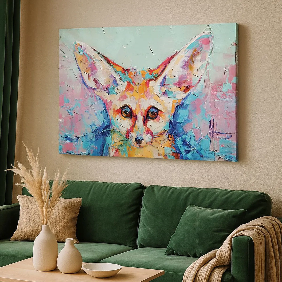 Canvastavla - Bild på duk - Ett färgstarkt porträtt av en fennec i stil med expressiv målning. - 70x50cm - Är ni redo för mig? - Modern väggdekoration för vardagsrum och sovrum ARTTOR
