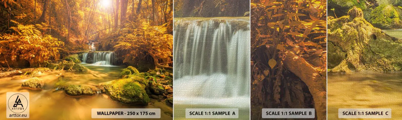 Provbit av fototapet Premium Canvas - Skogkaskad i gult - Landskap, Vattenfall, Thailand - 100x30 cm