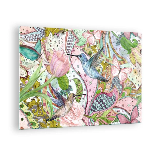 Glastavla - Bild på glas - Färgglada kolibrier bland blommor och fjärilar - 70x50cm - Inbäddade i klätterväxter - Modern väggdekoration för vardagsrum och sovrum ARTTOR