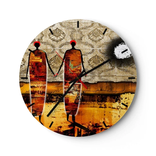 Väggklocka - Klocka på glas - Etnisk komposition i Afrikas färger - 40x40 cm